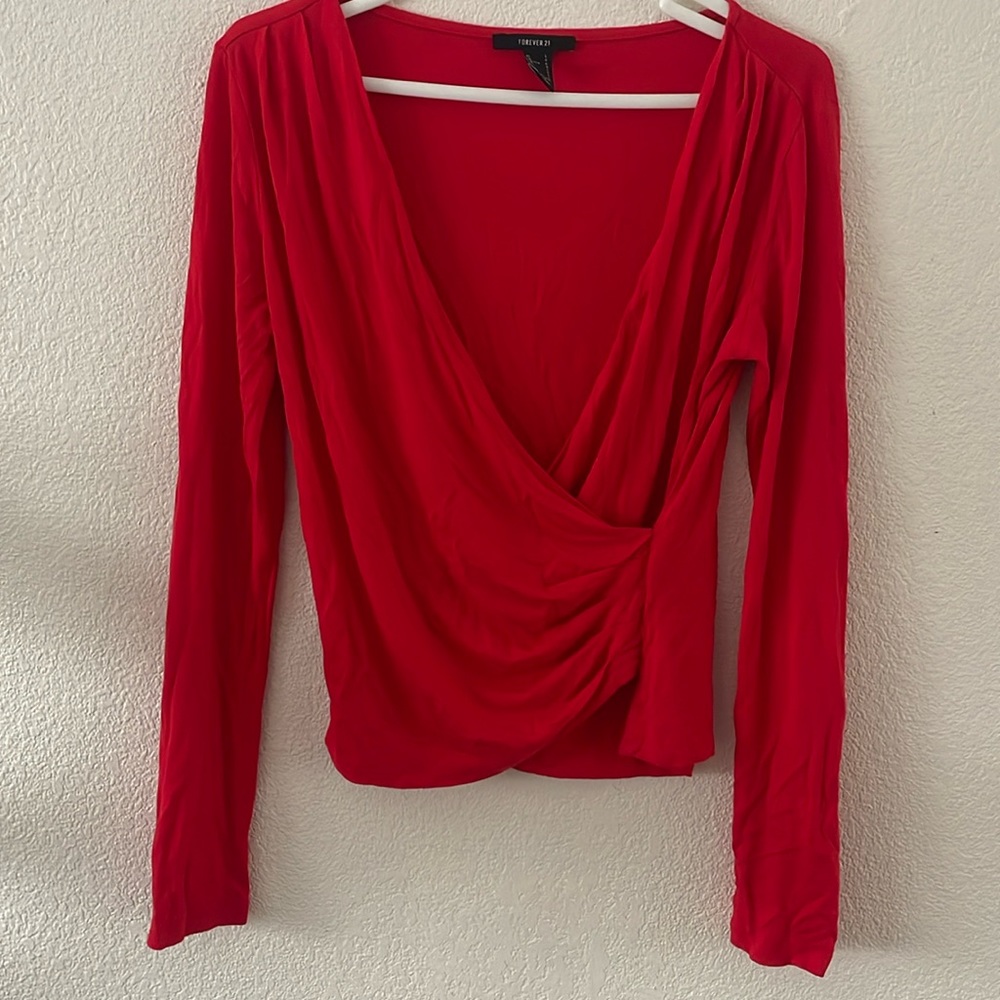 Forever 21 Red Long Sleeve V-Neck Blouse